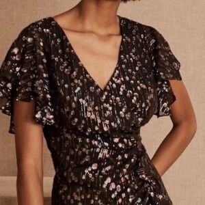 Anthropologie Mestiza Black Multicolored Metallic Silk Ruffled Dress Size 8